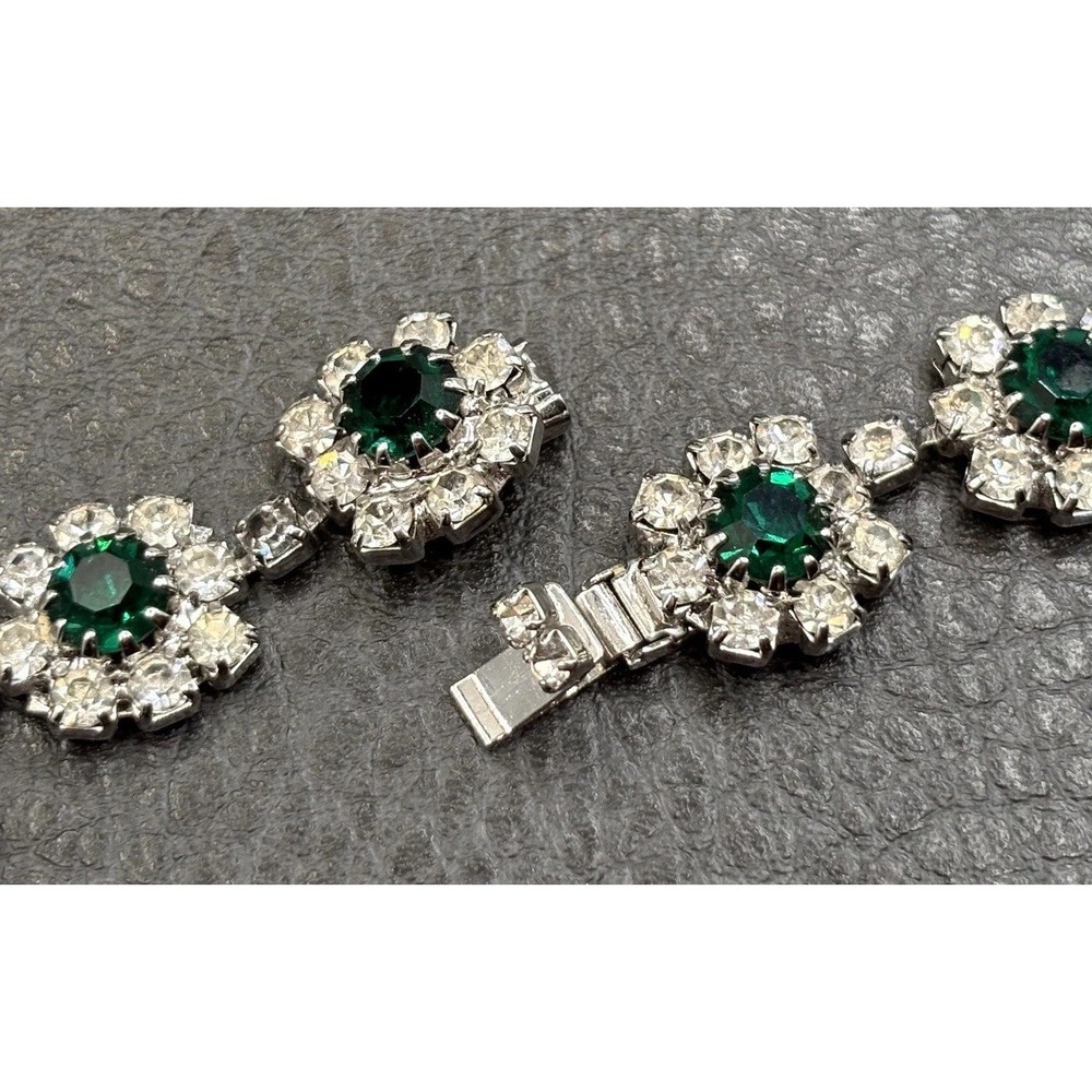Vintage Green Crystal Rhinestone Flower Cluster Choker Necklace Silver Tone 17" - Picture 14 of 16